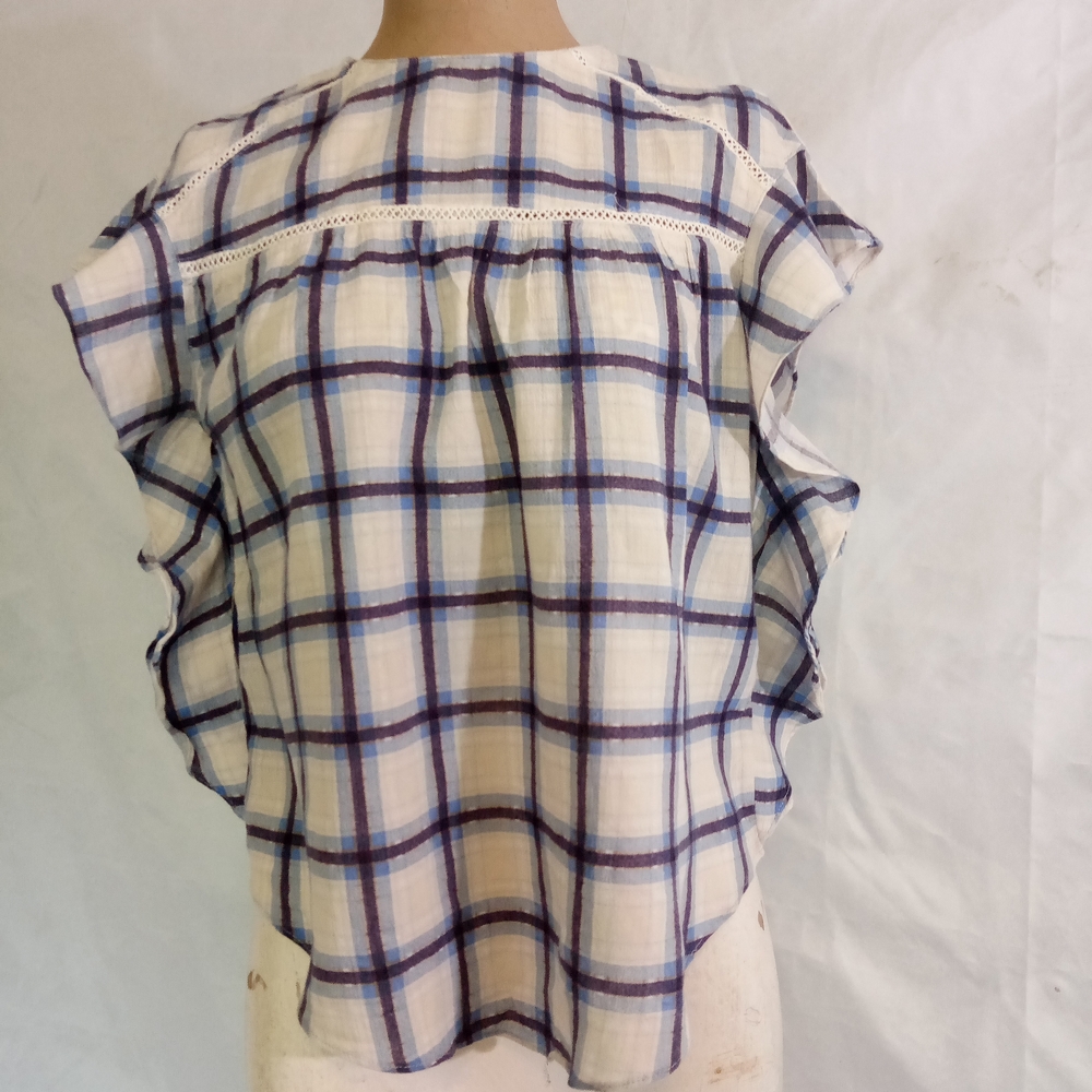 Zara White Plaid Flutter Sleeve Blouse with Blue Stripes